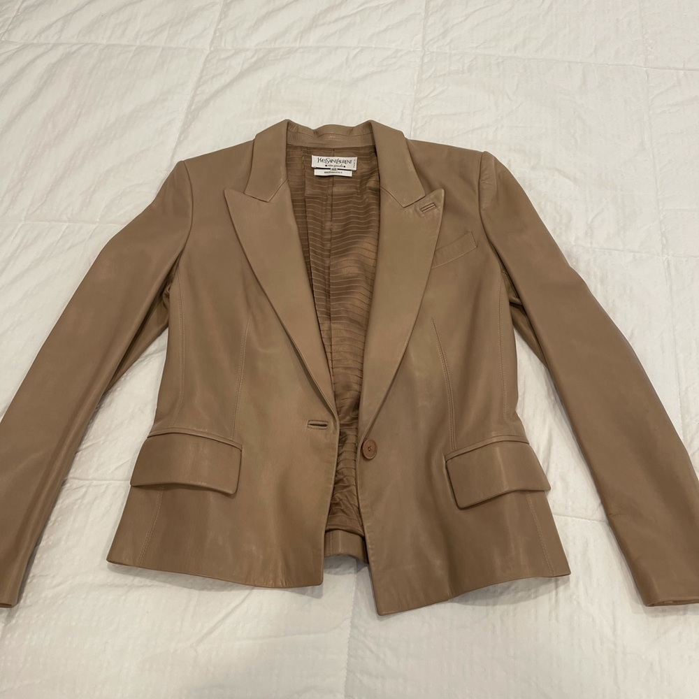 VTG Yves Saint Laurent YSL Tan Beige Leather Single Breasted Blazer Jacket • 40 - Picture 7 of 10